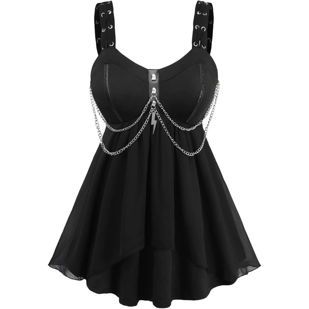 image:imageROSE GAL Plus Size Womens Flowy Summer Goth Punk Tank Top Punk Rivets Chains Backless Tunic TopBlack1