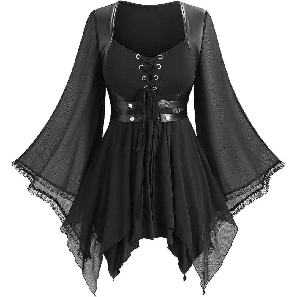 image:imageROSE GAL Plus Size Womens Goth Grunge Trumpet Sleeves TopsBlack1
