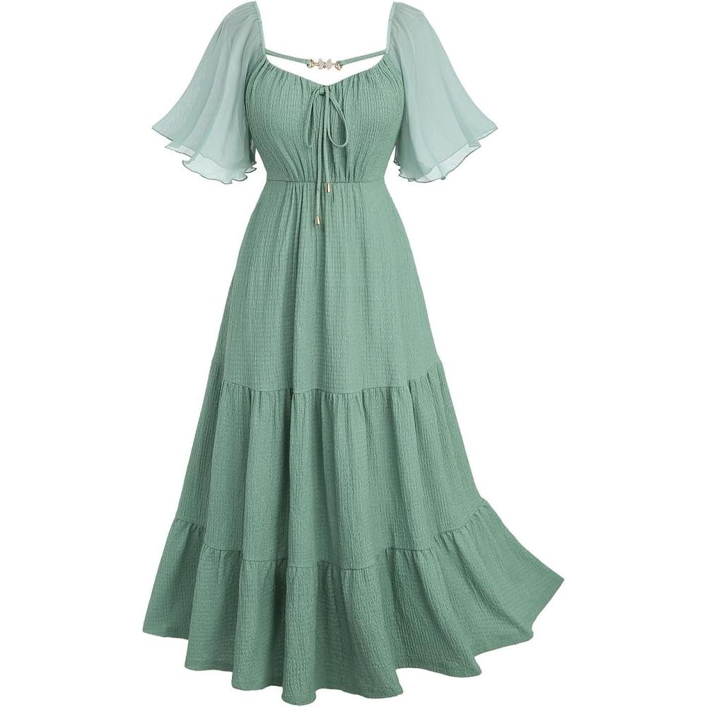 image:imageROSE GAL Plus Size Womens Renaissance Fairy Dress Cottagecore Flutter Sleeve Ruffles Tie Butterfly Sleeves DressGreen1