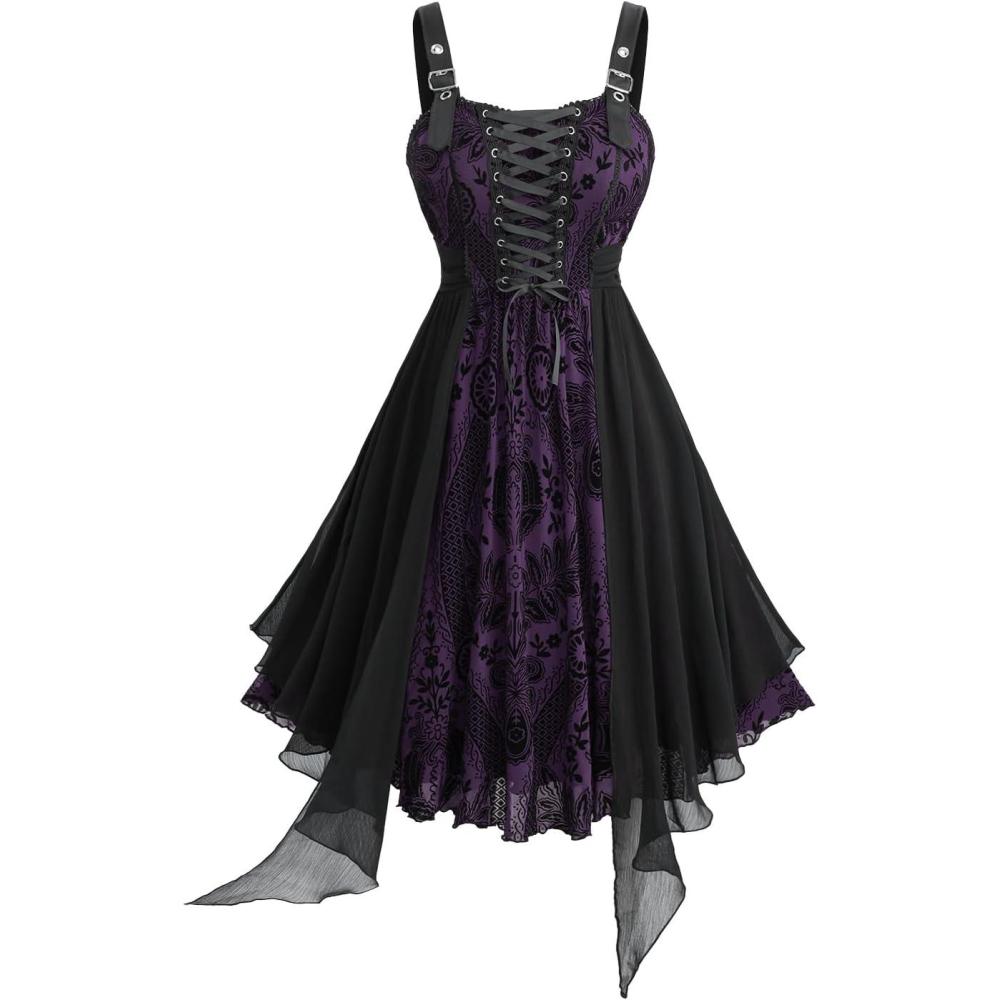 image:imageROSE GAL Plus Size Womens Vintage Gothic Flower Flocking Laceup Buckles Straps Sleeveless Midi DressPurple1