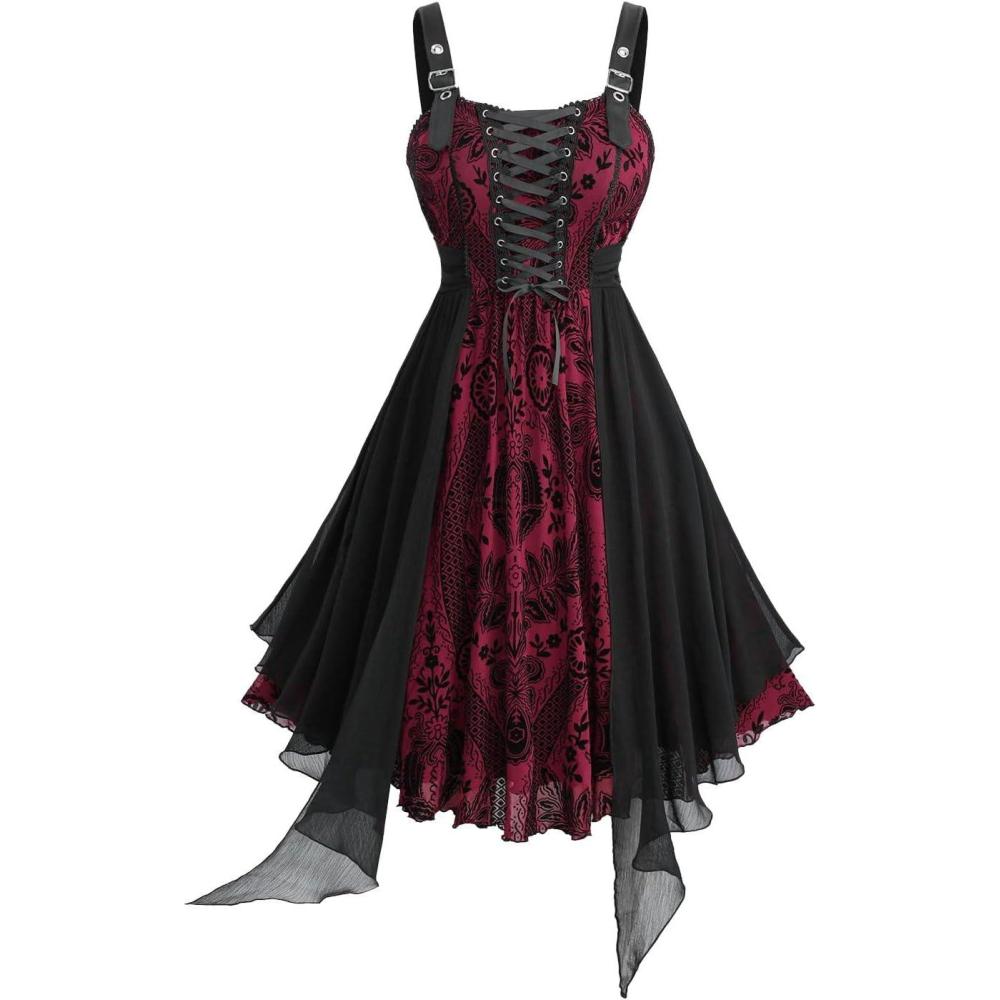 image:imageROSE GAL Plus Size Womens Vintage Gothic Flower Flocking Laceup Buckles Straps Sleeveless Midi DressRed1