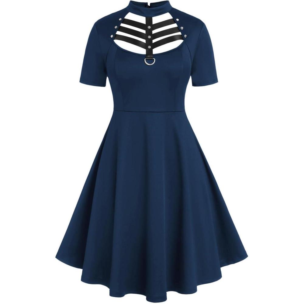 image:imageROSE GAL Rosegal Gothic DRing PU Leather Panel Ladder Cutout DressBlue1