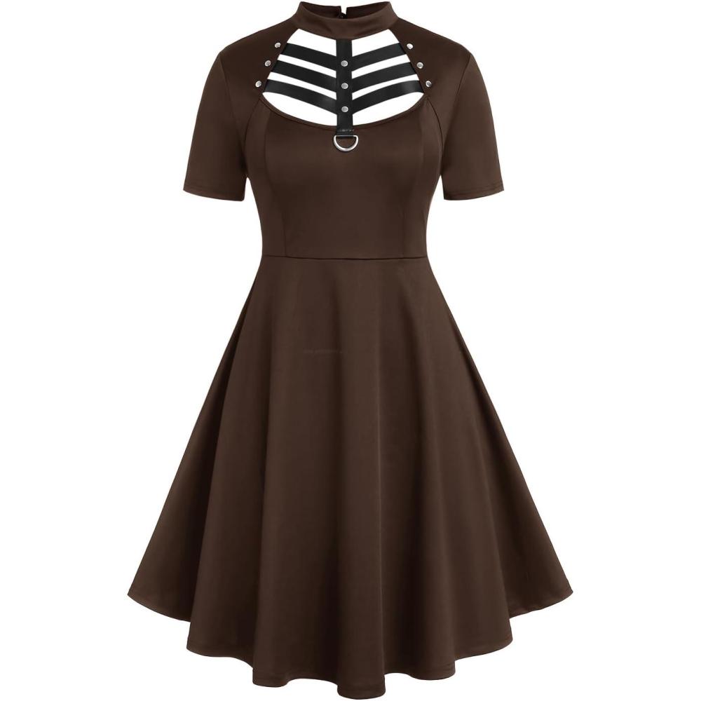 image:imageROSE GAL Rosegal Gothic DRing PU Leather Panel Ladder Cutout DressCoffee2