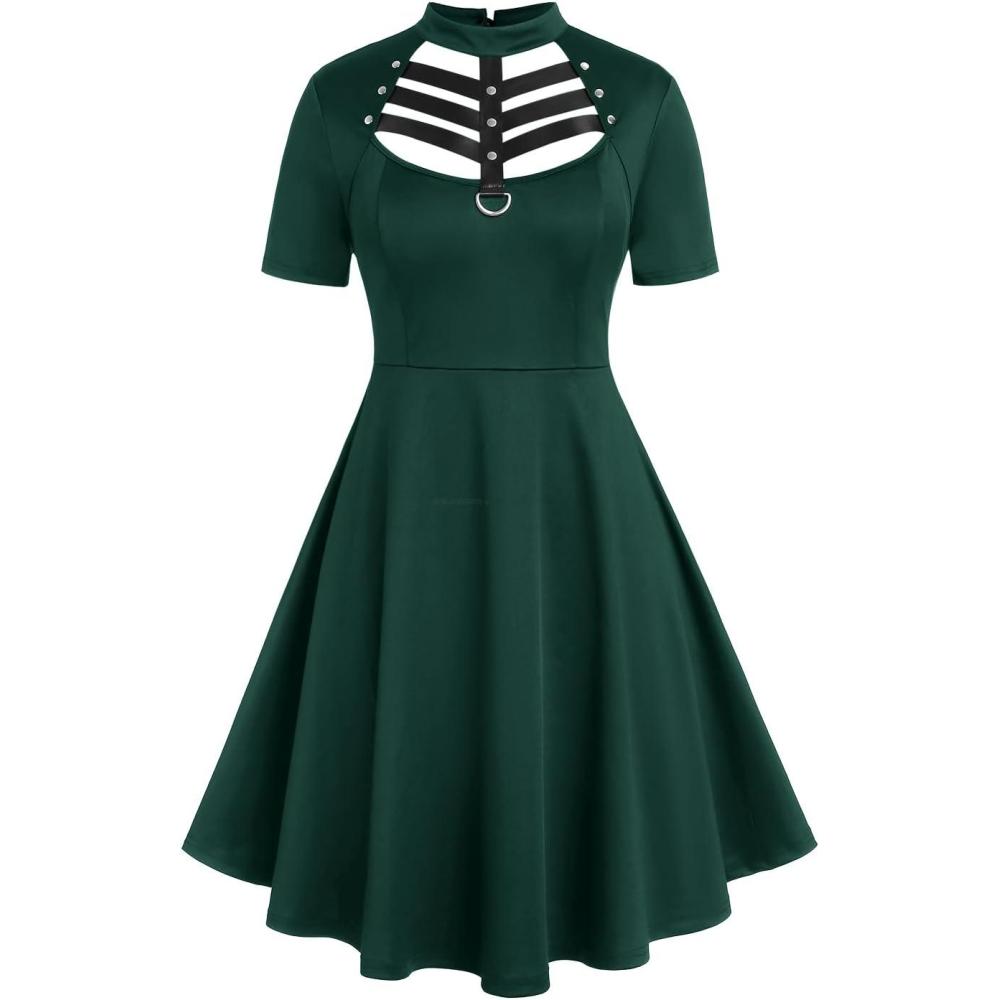 image:imageROSE GAL Rosegal Gothic DRing PU Leather Panel Ladder Cutout DressGreen2