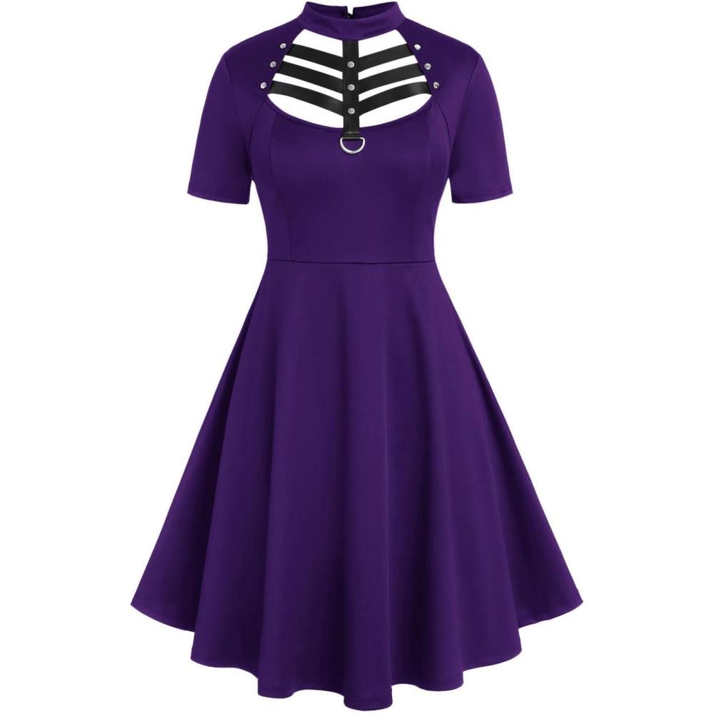 image:imageROSE GAL Rosegal Gothic DRing PU Leather Panel Ladder Cutout DressPurple1