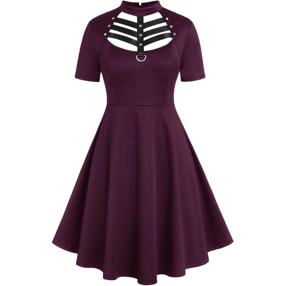 image:imageROSE GAL Rosegal Gothic DRing PU Leather Panel Ladder Cutout DressPurple2