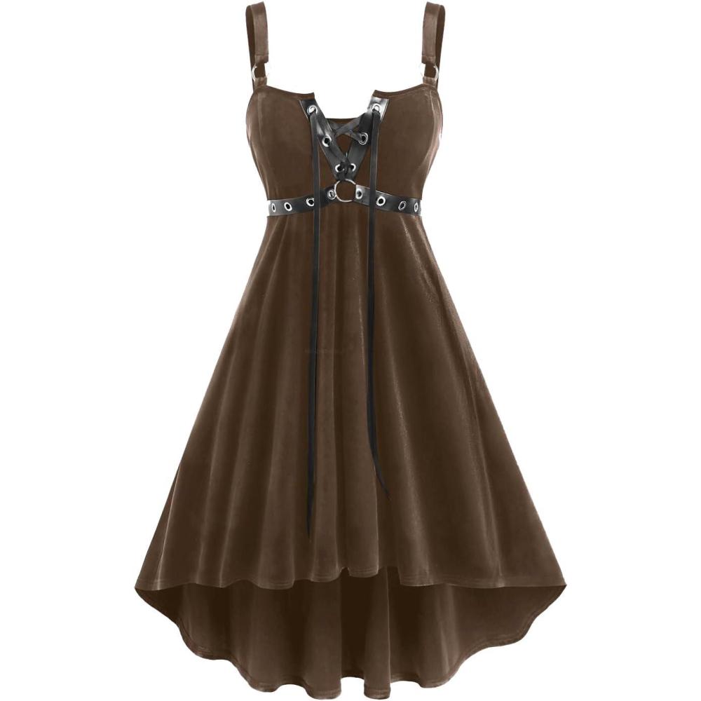 image:imageROSE GAL Rosegal Gothic Lace Up Grommets High Low Velvet Midi DressCoffee1