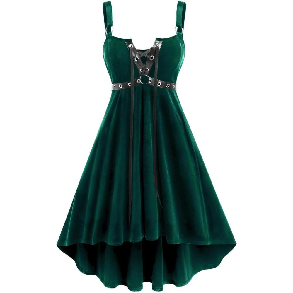 image:imageROSE GAL Rosegal Gothic Lace Up Grommets High Low Velvet Midi DressGreen1