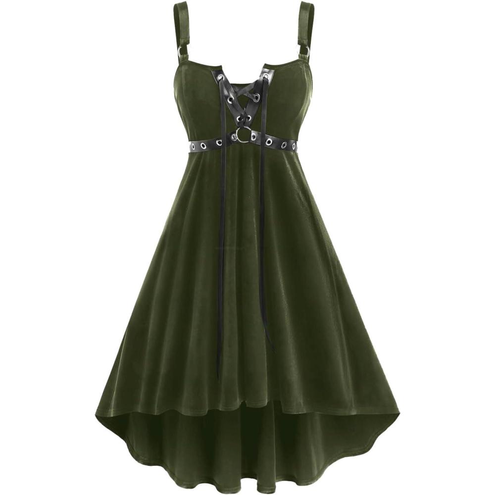 image:imageROSE GAL Rosegal Gothic Lace Up Grommets High Low Velvet Midi DressGreen3