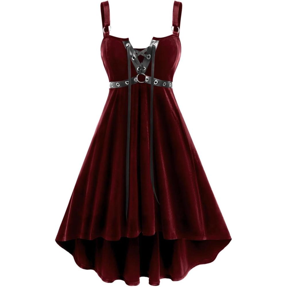 image:imageROSE GAL Rosegal Gothic Lace Up Grommets High Low Velvet Midi DressRed1