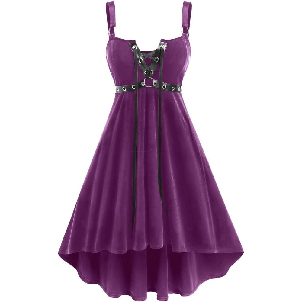 image:imageROSE GAL Rosegal Gothic Lace Up Grommets High Low Velvet Midi DressRed2