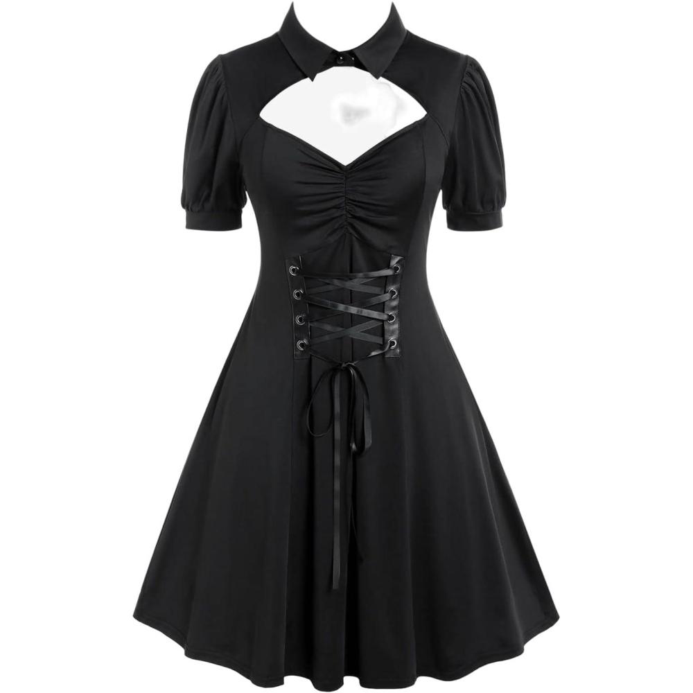 image:imageROSE GAL Rosegal Plus Size Cutout Lace Up Ruched Shirted Collar ALine DressBlack315