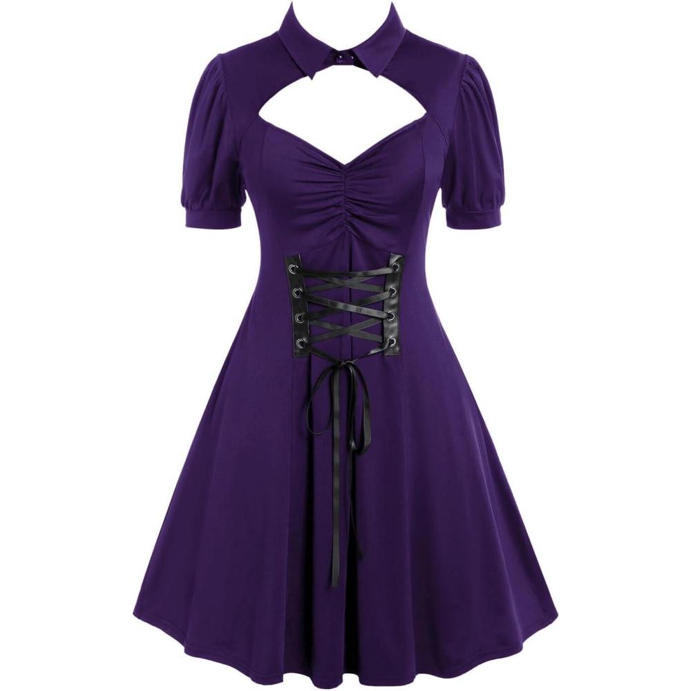 image:imageROSE GAL Rosegal Plus Size Cutout Lace Up Ruched Shirted Collar ALine DressPurple1