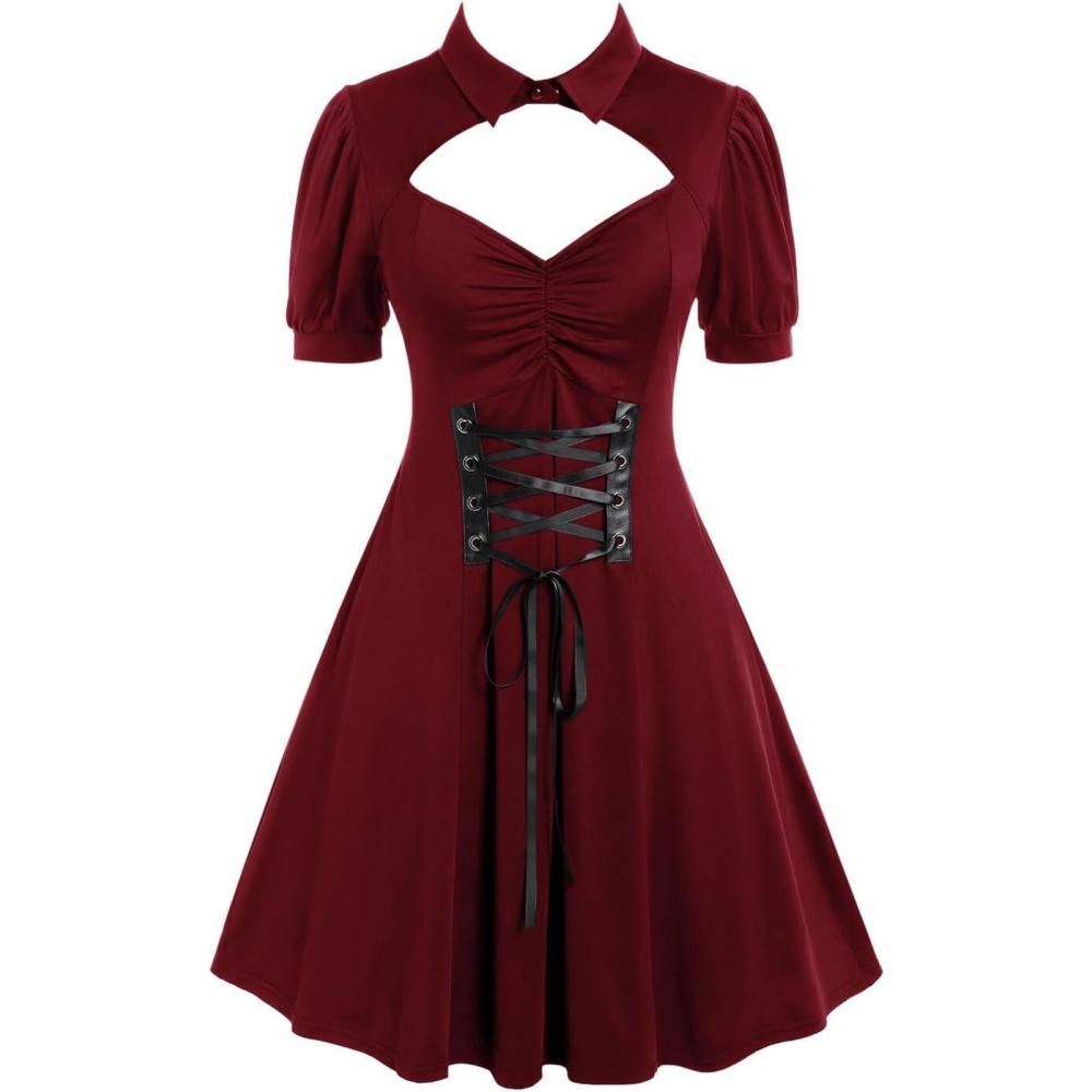 image:imageROSE GAL Rosegal Plus Size Cutout Lace Up Ruched Shirted Collar ALine DressRed1