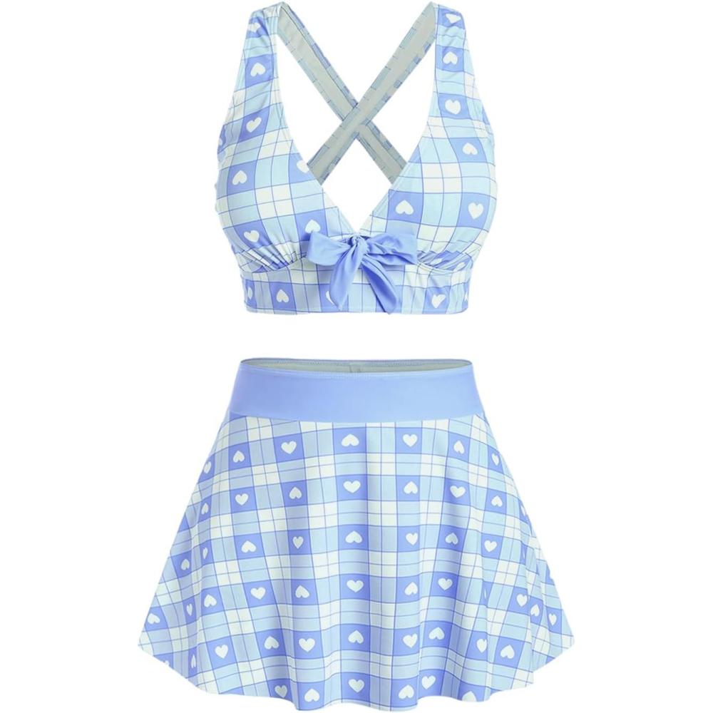 image:imageROSE GAL Rosegal Plus Size Valentines Heart Bowknot Crisscross Padded Three Piece Tankini SwimsuitLight Blue
