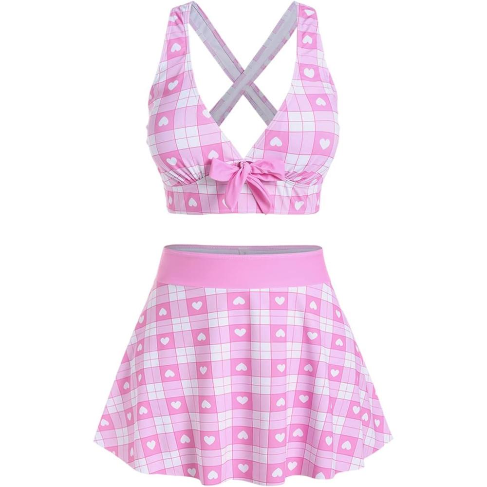 image:imageROSE GAL Rosegal Plus Size Valentines Heart Bowknot Crisscross Padded Three Piece Tankini SwimsuitLight Pink