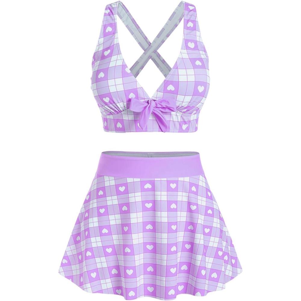 image:imageROSE GAL Rosegal Plus Size Valentines Heart Bowknot Crisscross Padded Three Piece Tankini SwimsuitLight Purple