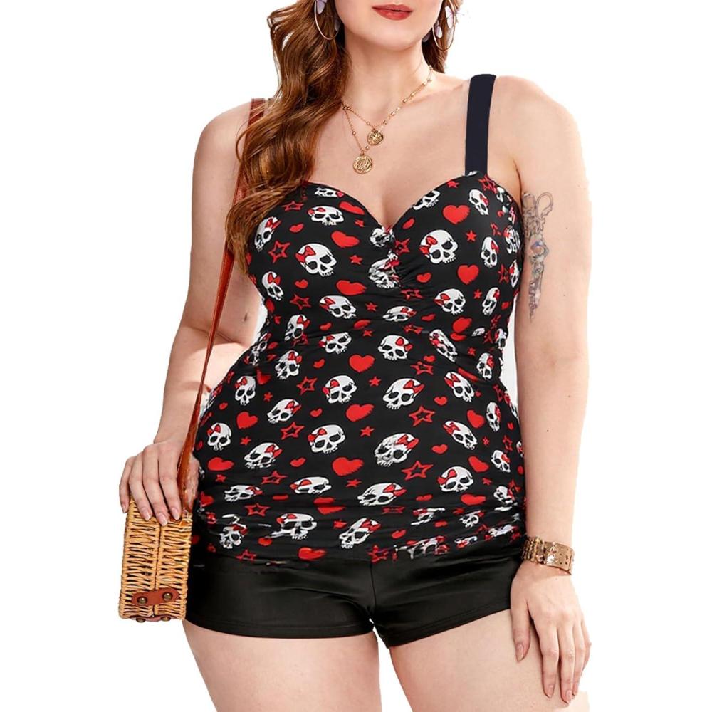 image:imageROSE GAL Rosegal Plus Size Women 2 Piece Swimsuit Skull Heart Print Ruched Tummy Control Tankini SwimwearBlack6