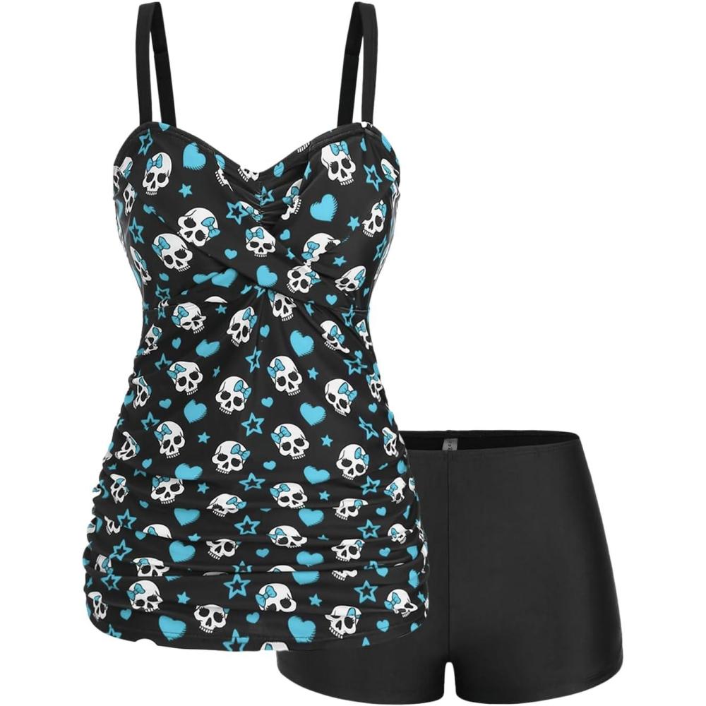 image:imageROSE GAL Rosegal Plus Size Women 2 Piece Swimsuit Skull Heart Print Ruched Tummy Control Tankini SwimwearBlue1