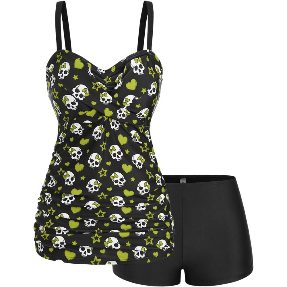 image:imageROSE GAL Rosegal Plus Size Women 2 Piece Swimsuit Skull Heart Print Ruched Tummy Control Tankini SwimwearGreen1
