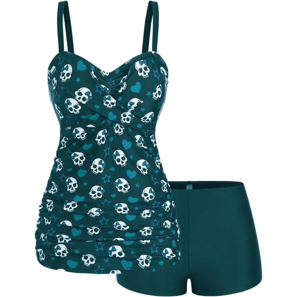 image:imageROSE GAL Rosegal Plus Size Women 2 Piece Swimsuit Skull Heart Print Ruched Tummy Control Tankini SwimwearPeacock Blue
