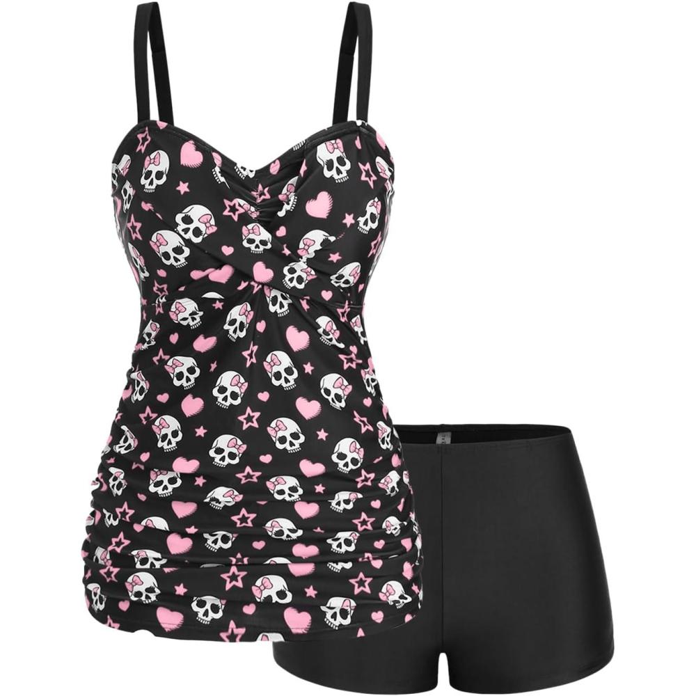 image:imageROSE GAL Rosegal Plus Size Women 2 Piece Swimsuit Skull Heart Print Ruched Tummy Control Tankini SwimwearPink