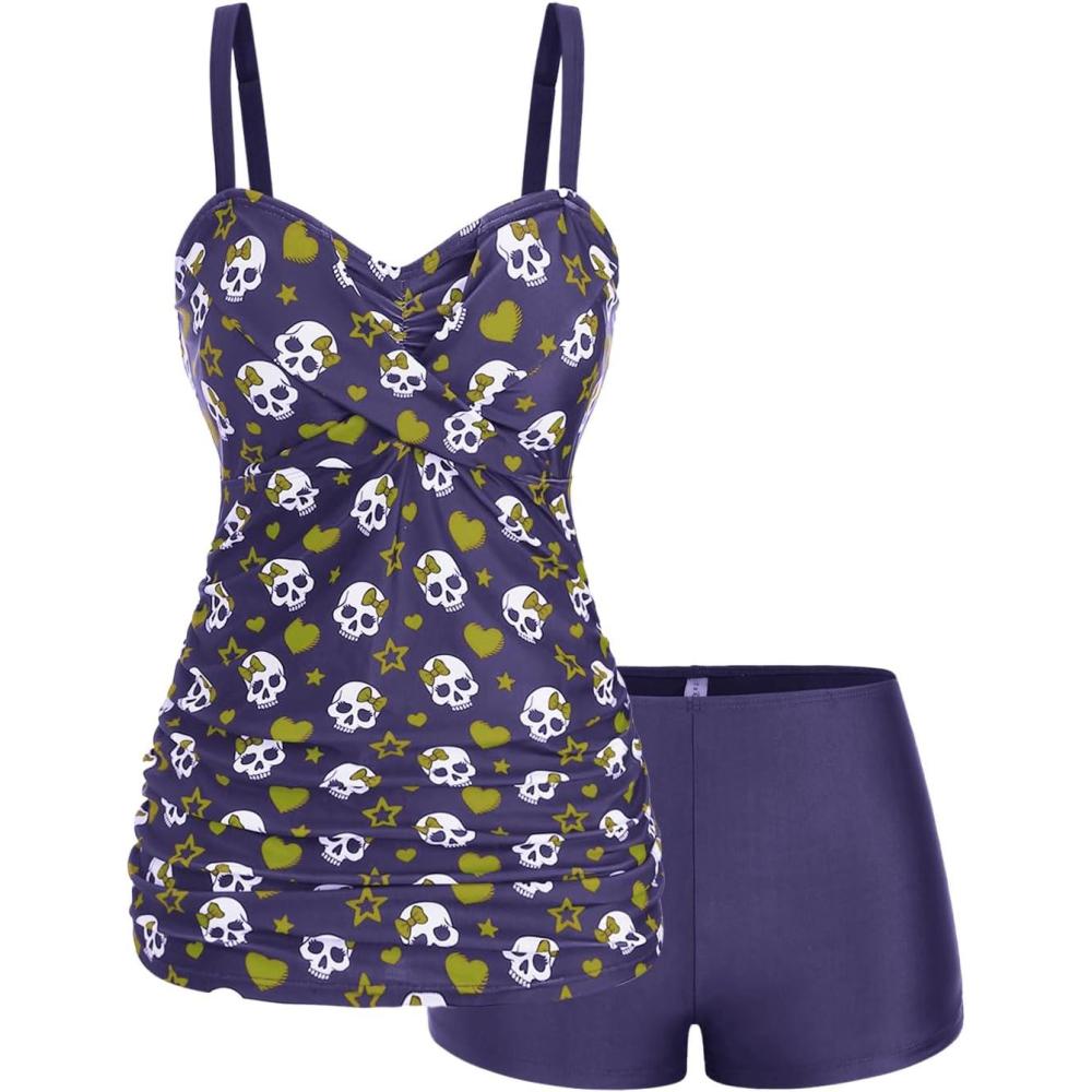 image:imageROSE GAL Rosegal Plus Size Women 2 Piece Swimsuit Skull Heart Print Ruched Tummy Control Tankini SwimwearPurple1