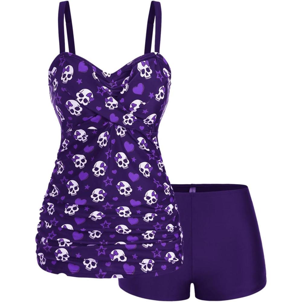 image:imageROSE GAL Rosegal Plus Size Women 2 Piece Swimsuit Skull Heart Print Ruched Tummy Control Tankini SwimwearPurple2