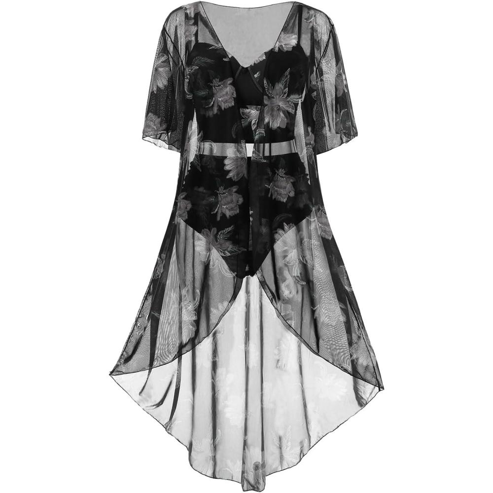 image:imageROSE GAL Rosegal Plus Size Women 3 Piece Tankini Swimsuit Floral Print Underwire Push Up High Waisted Ruched Bathing SuitGray