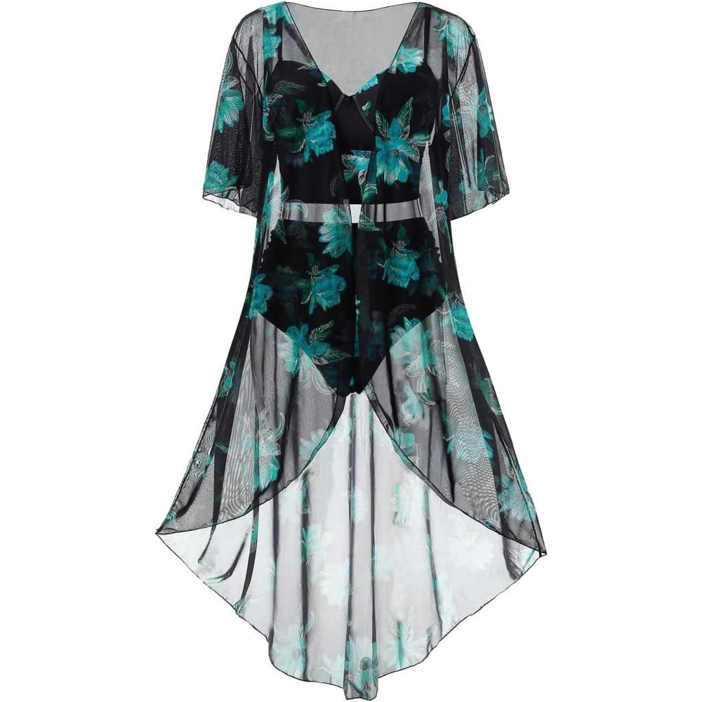 image:imageROSE GAL Rosegal Plus Size Women 3 Piece Tankini Swimsuit Floral Print Underwire Push Up High Waisted Ruched Bathing SuitGreen
