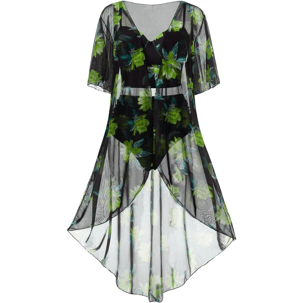image:imageROSE GAL Rosegal Plus Size Women 3 Piece Tankini Swimsuit Floral Print Underwire Push Up High Waisted Ruched Bathing SuitGreen10