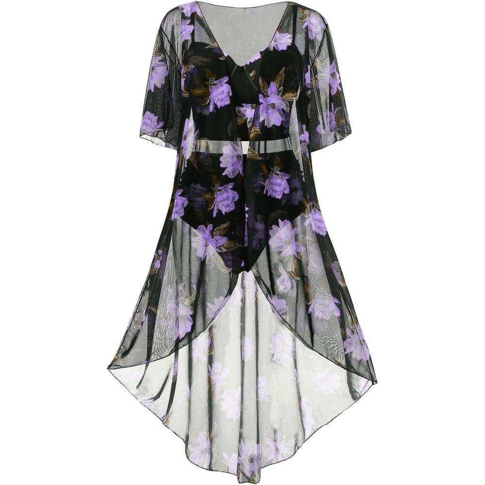 image:imageROSE GAL Rosegal Plus Size Women 3 Piece Tankini Swimsuit Floral Print Underwire Push Up High Waisted Ruched Bathing SuitLight Purple