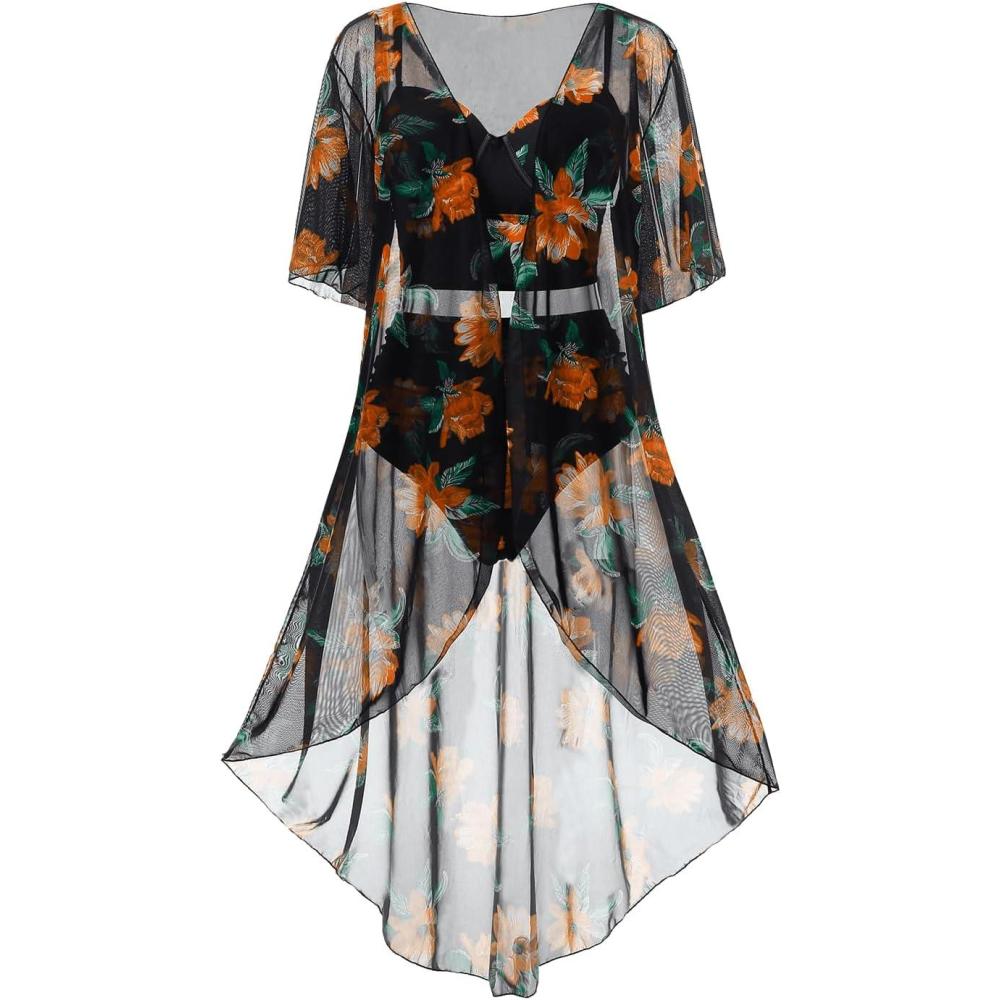 image:imageROSE GAL Rosegal Plus Size Women 3 Piece Tankini Swimsuit Floral Print Underwire Push Up High Waisted Ruched Bathing SuitOrange