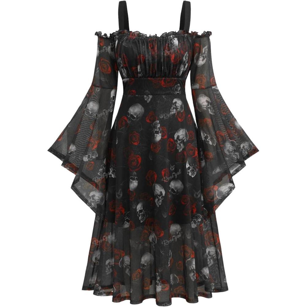 image:imageROSE GAL Rosegal Plus Size Women Medieval Gothic Bell Sleeves Cold Shoulder Skulls Dress Halloween DressBlack2