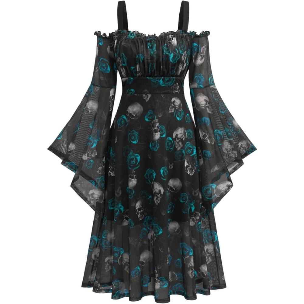 image:imageROSE GAL Rosegal Plus Size Women Medieval Gothic Bell Sleeves Cold Shoulder Skulls Dress Halloween DressBlue1
