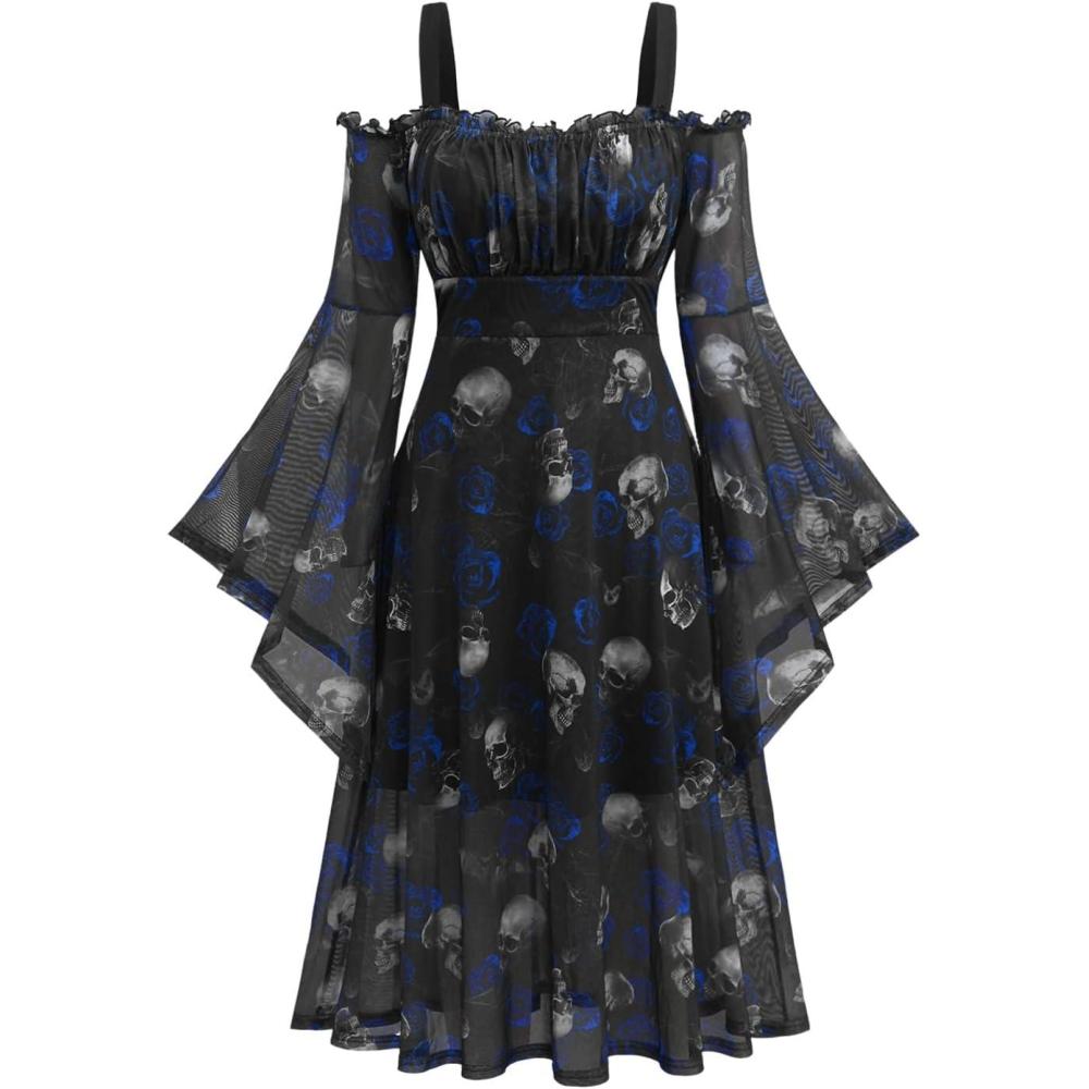 image:imageROSE GAL Rosegal Plus Size Women Medieval Gothic Bell Sleeves Cold Shoulder Skulls Dress Halloween DressBlue2