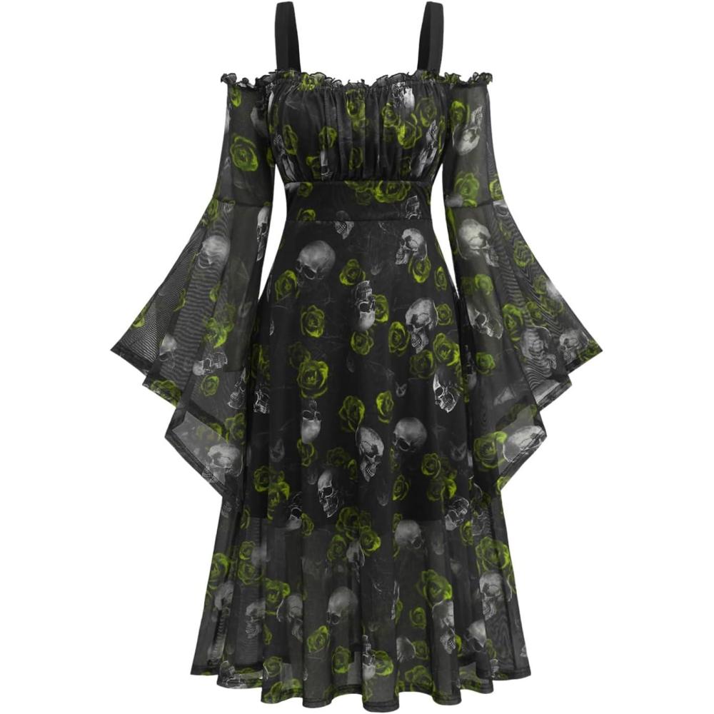 image:imageROSE GAL Rosegal Plus Size Women Medieval Gothic Bell Sleeves Cold Shoulder Skulls Dress Halloween DressGreen1