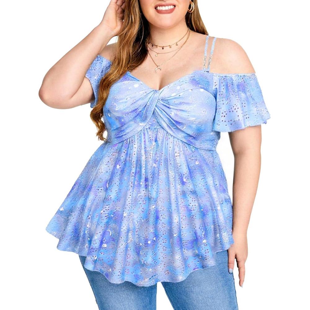 image:imageROSE GAL Rosegal Women Plus Size Cold Shoulder Top Galaxy Moon Star Twist Chains Hollow Out Ombre Tie TeeBlue1
