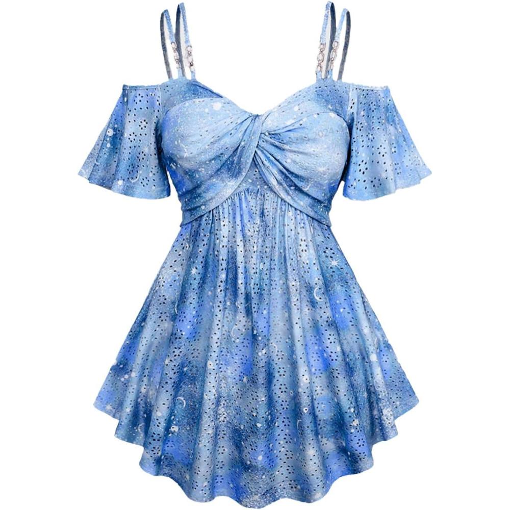 image:imageROSE GAL Rosegal Women Plus Size Cold Shoulder Top Galaxy Moon Star Twist Chains Hollow Out Ombre Tie TeeBlue2