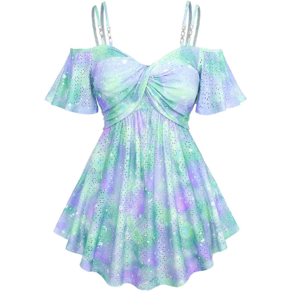 image:imageROSE GAL Rosegal Women Plus Size Cold Shoulder Top Galaxy Moon Star Twist Chains Hollow Out Ombre Tie TeeGreen2
