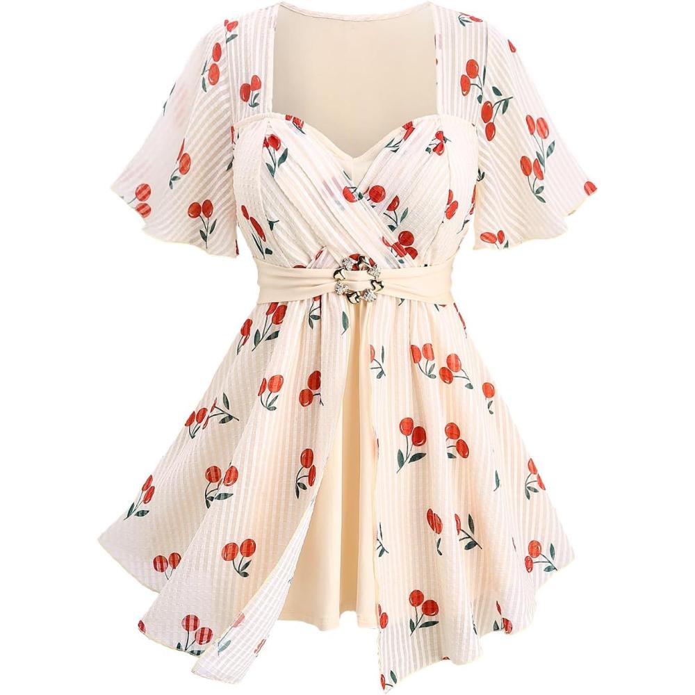 image:imageROSE GAL Rosegal Women Plus Size Elegant Cherry Summer Blouse Flutter Sleeves Fruit Printed BlouseBeige1