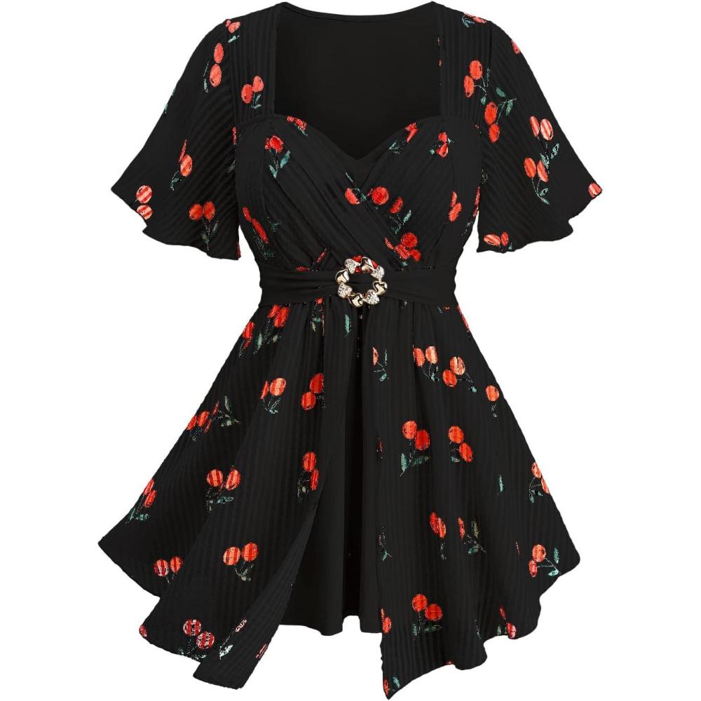 image:imageROSE GAL Rosegal Women Plus Size Elegant Cherry Summer Blouse Flutter Sleeves Fruit Printed BlouseBlack1