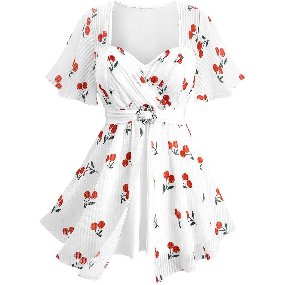 image:imageROSE GAL Rosegal Women Plus Size Elegant Cherry Summer Blouse Flutter Sleeves Fruit Printed BlouseWhite1