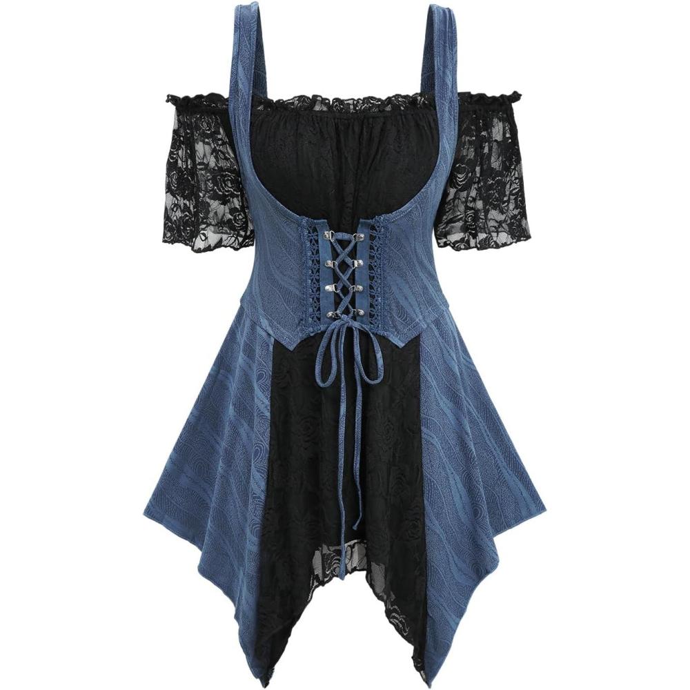 image:imageROSE GAL Rosegal Women Plus Size Gothic Cold Shoulder Top Medieval Renaissance Corset ShirtBlack3