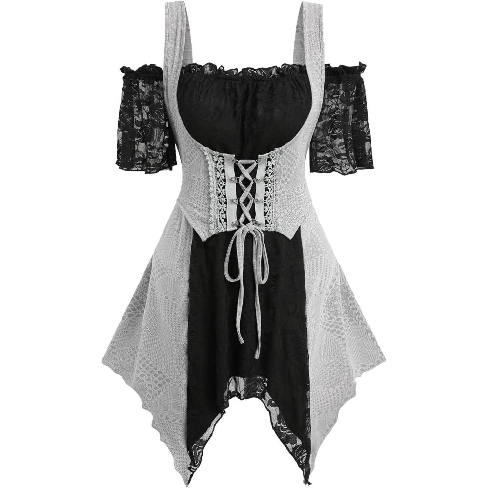 image:imageROSE GAL Rosegal Women Plus Size Gothic Cold Shoulder Top Medieval Renaissance Corset ShirtBlack5