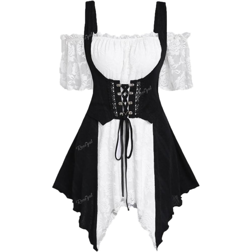 image:imageROSE GAL Rosegal Women Plus Size Gothic Cold Shoulder Top Medieval Renaissance Corset ShirtWhite2