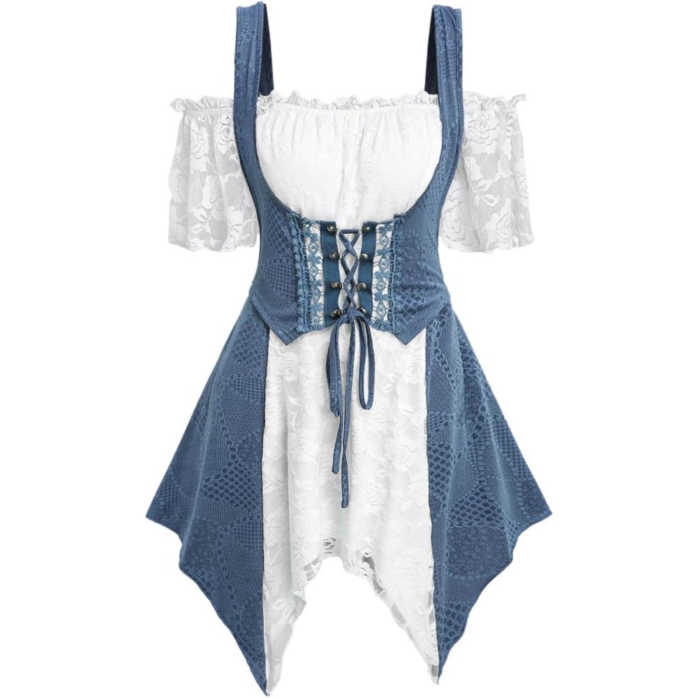 image:imageROSE GAL Rosegal Women Plus Size Gothic Cold Shoulder Top Medieval Renaissance Corset ShirtWhite6