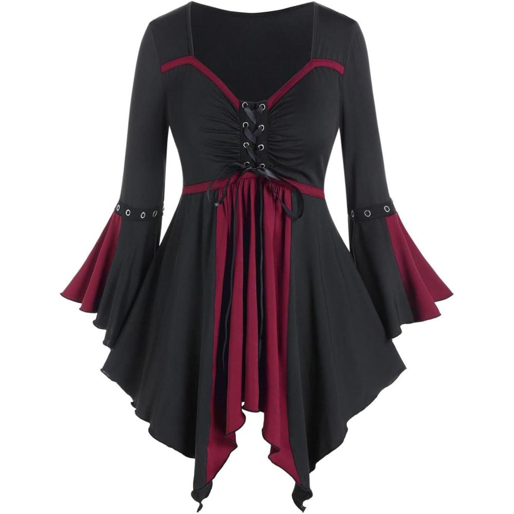 image:imageROSE GAL Rosegal Women Plus Size Gothic Flare Sleeves Laceup Two Tone Handkerchief Tee Halloween Costume Bell Sleeves TopRed1