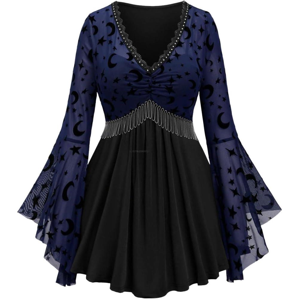 image:imageROSE GAL Rosegal Women Plus Size Gothic Moon Star Mesh Panel Bell Sleeves Chain Tassel TShirtBlue1