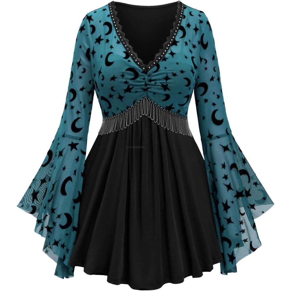 image:imageROSE GAL Rosegal Women Plus Size Gothic Moon Star Mesh Panel Bell Sleeves Chain Tassel TShirtBlue2